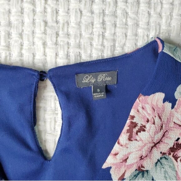 Lily Rose Low Cut Dark Blue and Pink Floral Romper w/ Slit Sleeves SMALL - Picture 3 of 6